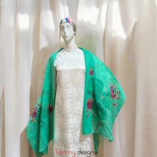 Khăn gai dài màu xanh vẽ tay hình hoa sen 70*190cm